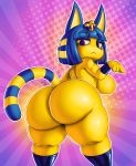  2018 absurd_res animal_crossing ankha_(animal_crossing) anthro big_butt blue_hair breasts butt cat collaboration conditional_dnp digital_media_(artwork) egyptian eyeshadow feline female hair hi_res looking_at_viewer looking_back makeup mammal nintendo noseless nude pointing rear_view short_hair short_stack side_boob signature solo sssonic2 teckworks thick_thighs uraeus video_games voluptuous wide_hips 