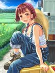  bare_shoulders blush boots crate day ground_vehicle hat motor_vehicle open_mouth original outdoors overalls pink_eyes red_hair saimon short_hair sitting smile solo tank_top tomato truck 
