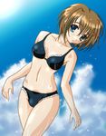  bikini brown_hair day hair_ornament lyrical_nanoha mahou_shoujo_lyrical_nanoha_strikers masutaauu solo swimsuit wet x_hair_ornament yagami_hayate 