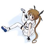  fingerless_gloves frapowa gloves lyrical_nanoha magical_girl mahou_shoujo_lyrical_nanoha_strikers purple_eyes red_hair sitting solo takamachi_nanoha thighhighs twintails 