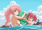  ball beach beachball bikini blue_hair blush breast_press breasts day green_eyes hair_ribbon hiiragi_kagami imo_works izumi_konata kobayakawa_yutaka long_hair lucky_star lying medium_breasts multiple_girls ocean one-piece_swimsuit open_mouth outdoors pink_hair ponytail pose purple_eyes purple_hair red_hair ribbon school_swimsuit short_twintails sideboob swimsuit takara_miyuki twintails wading water wet 