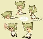  &gt;_&lt; animal_ears aoneko cat_ears chibi closed_eyes eating green_hair multiple_views original sleeping tail 