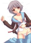  bangs blue_sailor_collar bra kita_high_school_uniform lingerie lowleg lowleg_panties nagato_yuki panties sailor_collar school_uniform serafuku short_hair solo suzumiya_haruhi_no_yuuutsu towamin underwear undressing 