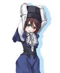  :d arms_up asa_(swallowtail) blush collar cowering frilled_shirt_collar frills green_eyes hat heterochromia long_sleeves looking_at_viewer open_mouth red_eyes rozen_maiden short_hair simple_background smile solo souseiseki top_hat white_background 