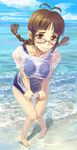  akizuki_ritsuko barefoot beach blush braid brown_eyes brown_hair covering covering_crotch day embarrassed glasses idolmaster idolmaster_(classic) idolmaster_1 no_pants ocean one-piece_swimsuit school_swimsuit shirt shirt_tug solo swimsuit swimsuit_under_clothes tani twin_braids wet wet_clothes wet_shirt 