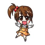  :d bangs blush_stickers brown_eyes brown_hair dress eyebrows_visible_through_hair full_body hair_bobbles hair_ornament kneehighs kyon_no_imouto long_sleeves looking_at_viewer one_side_up open_mouth orange_dress outstretched_arms pinafore_dress pocket ponytail raamen short_hair simple_background smile solo spread_arms suzumiya_haruhi_no_yuuutsu sweater white_background white_sweater yellow_legwear 