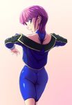  :o artist_request ass bare_shoulders bike_shorts blue_bodysuit blush bodysuit from_behind jacket long_hair mai_kobayashi open_clothes open_jacket open_mouth ponytail profile purple_eyes purple_hair skin_tight solo super_robot_wars 