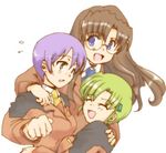  alto_krauetta artist_request blue_eyes brown_hair glasses green_hair hug lowres lucino_liilie lyrical_nanoha mahou_shoujo_lyrical_nanoha_strikers military military_uniform multiple_girls necktie purple_hair shario_finieno tsab_ground_military_uniform uniform 