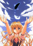  air blonde_hair blue_eyes blue_sky cloud day hair_intakes hirasaka_makoto kamio_misuzu long_hair looking_at_viewer outdoors outstretched_arms sky solo upper_body 