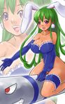  animal_ears bare_legs bare_shoulders blue_leotard breasts bunny_ears bunnysuit cleavage covered_nipples earrings elbow_gloves garters gloves green_hair hikaru_(parodius) jewelry large_breasts leotard lingerie lipstick long_hair makeup missile nagase_haruhito parodius purple_eyes smile solo underwear zoom_layer 