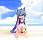  animal_ears barefoot beach bracelet cat_ears cloud day food izumi_konata jewelry lucky_star mole mole_under_eye mouth_hold one-piece_swimsuit outdoors popsicle school_swimsuit shin_(new) sitting solo swimsuit 