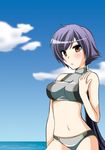  bikini blue_background blush brown_eyes cloud copyright_request day grey_bikini halterneck long_hair mizushima_aru ponytail purple_hair sky solo swimsuit 