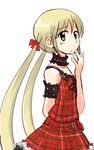  arm_behind_back blonde_hair camisole choker collarbone green_eyes hair_ribbon hand_to_own_mouth hayate_no_gotoku! long_hair looking_away plaid ribbon sad sanzen'in_nagi simple_background skirt skirt_set solo standing twintails very_long_hair yurihi_koi 