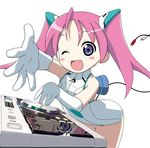  ;d bent_over blue_eyes blush cable copyright_request foreshortening gloves long_hair looking_at_viewer lowres machinery one_eye_closed open_mouth outstretched_arm pink_hair screen simple_background smile solo tsukigami_runa twintails white_background white_gloves 