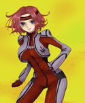  blue_eyes bodysuit breasts closed_mouth code_geass contrapposto cowboy_shot expressionless hand_on_hip headband kallen_stadtfeld large_breasts looking_at_viewer pink_hair plum_(arch) red_bodysuit short_hair skin_tight solo standing 