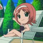  :d ahoge akane_maniax animated animated_gif chibi competition_school_swimsuit crossed_legs green_eyes hairband kimi_ga_nozomu_eien lowres one-piece_swimsuit open_mouth red_hair screencap short_hair sitting smile solo suzumiya_akane swimsuit talking waving 
