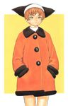  absurdres bangs border bored brown_hair buttons closed_mouth coat copyright_request cowboy_shot frown fur-trimmed_coat fur-trimmed_sleeves fur_trim hands_in_pockets hat hat_with_ears highres long_sleeves looking_up murata_renji orange_coat outside_border sanpaku short_hair solo turtleneck white_border winter_clothes winter_coat yellow_background yellow_eyes 