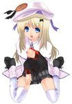  blonde_hair blue_eyes buttons cape goban hat large_buttons little_busters! long_hair noumi_kudryavka solo thighhighs 