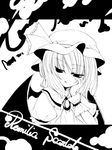  catbell greyscale hat monochrome remilia_scarlet solo touhou wings 
