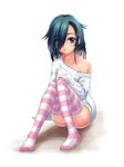  artist_request hair_over_one_eye legs off_shoulder pinky_out sitting smile solo striped striped_legwear the_ring thighhighs yamamura_sadako 
