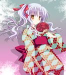  alternate_costume caren_hortensia fan fate/hollow_ataraxia fate/stay_night fate_(series) hair_ribbon japanese_clothes kimono lavender_hair lowres orange_eyes paper_fan polka_dot polka_dot_kimono ribbon shadow shirogane_hina solo twintails uchiwa 