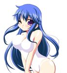  arin blue_hair blush breast_squeeze breasts casual_one-piece_swimsuit chirorian large_breasts leaning_forward long_hair lowres one-piece_swimsuit one_eye_closed pangya purple_eyes simple_background solo swimsuit 