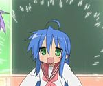  2girls :3 ahoge animated animated_gif bangs blue_hair chalkboard classroom double_horizontal_stripe flat_chest green_eyes hiiragi_kagami indoors izumi_konata jitome jumping long_hair long_sleeves looking_at_another lowres lucky_star mole mole_under_eye multiple_girls neckerchief non-web_source open_mouth out_of_frame outstretched_arms outstretched_hand paffendorf pink_neckwear purple_hair red_sailor_collar sailor_collar school_uniform screencap serafuku shirt sleeve_cuffs solo_focus upper_body very_long_hair waving_arms white_shirt 