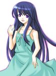  armpits bare_shoulders blue_hair blush collarbone dress furude_rika green_dress higurashi_no_naku_koro_ni long_hair looking_at_viewer purple_eyes ribi simple_background sleeveless sleeveless_dress solo very_long_hair white_background 