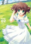  :d bare_shoulders blue_sky close-up collarbone day double_bun dress field frilled_dress frills grass green_eyes hair_ornament hand_in_hair heart heart_hair_ornament looking_at_viewer meadow open_mouth original outdoors plant puffy_short_sleeves puffy_sleeves ribbon ryouka_(suzuya) scan short_sleeves sky smile solo summer tree white_dress wind 
