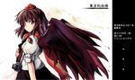  bangs black_hair black_wings camera hat hirasaka_makoto looking_at_viewer red_eyes scarf shameimaru_aya solo tokin_hat touhou translation_request wings 