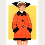  border bored brown_hair buttons closed_mouth coat copyright_request cowboy_shot frown fur-trimmed_coat fur-trimmed_sleeves fur_trim green_eyes hands_in_pockets hat hat_with_ears long_sleeves looking_up murata_renji orange_coat outside_border sanpaku short_hair solo turtleneck white_border winter_clothes winter_coat yellow_background 