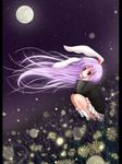  animal_ears bobby_socks bunny_ears catbell chin_rest dutch_angle field floating_hair flower flower_field full_moon glowing looking_up moon night night_sky pillarboxed purple_hair red_eyes reisen_udongein_inaba skirt sky socks solo squatting touhou wind 