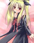  bangs bed_sheet black_dress black_ribbon blonde_hair detached_sleeves dress eyebrows_visible_through_hair fate_testarossa hair_ribbon ichino long_hair looking_at_viewer lowres lyrical_nanoha mahou_shoujo_lyrical_nanoha_strikers parted_bangs red_eyes red_ribbon ribbon sidelocks sitting solo twintails 