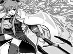  bardiche belt cape coat energy_sword explosion fate_testarossa gauntlets greyscale hair_ribbon kurosho long_hair lyrical_nanoha magical_girl mahou_shoujo_lyrical_nanoha_strikers monochrome ribbon solo sword thighhighs twintails weapon zettai_ryouiki 