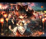  bare_shoulders bow brown_hair cherry_blossoms detached_sleeves flower gohei hair_bow hakurei_reimu holding letterboxed lights moon night night_sky ofuda onineko red_eyes red_moon ribbon sky smile solo sparkle torii touhou wading water 