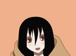  :d black_hair blanket blush face hair_between_eyes happy head_tilt komori_kiri long_hair looking_at_viewer open_mouth orange_background sayonara_zetsubou_sensei simple_background smile solo under_covers vector_trace 