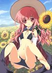  barefoot bikini bikini_pull bikini_tan cape day feet flower hat long_hair louise_francoise_le_blanc_de_la_valliere mitsuki_mantarou pentacle pink_eyes pink_hair soles solo sunflower swimsuit tan tanline zero_no_tsukaima 