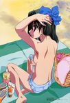  :d absurdres adjusting_hair arm_up armpits back barefoot basket beach beach_towel bikini bikini_skirt black_hair blue_bikini bottle bow breast_hold breasts from_behind gotou_junji hair_bow hair_ornament hair_up highres kiyoura_setsuna looking_back lotion megami non-web_source official_art open_mouth red_eyes sandals scan school_days shoes short_hair sideboob sitting small_breasts smile soles solo striped sunscreen swimsuit towel untied untied_bikini yokozuwari 