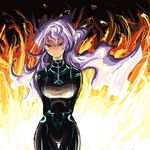  antispiral_nia black_bodysuit bodysuit cloud_hair dark_persona fire gin'ichi_(akacia) long_hair lowres neon_trim nia_teppelin purple_hair solo tengen_toppa_gurren_lagann 