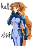  artist_request blue_bodysuit bodysuit brown_hair character_name dieci_(nanoha) gauntlets lyrical_nanoha mahou_shoujo_lyrical_nanoha_strikers numbers'_uniform numbers_(nanoha) ponytail solo translated 