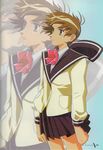  90s artist_request bow brown_hair kanzaki_hitomi pink_bow school_uniform short_hair solo tenkuu_no_escaflowne 