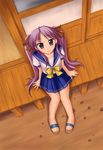  hiiragi_kagami kinagi_yuu lucky_star purple_hair ryouou_school_uniform sandals school_uniform serafuku solo veranda yellow_neckwear 