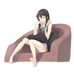  barefoot brown_hair closed_eyes couch eating feet foodgasm glasses no_panties original pillow shorts sitting solo u_(the_unko) 