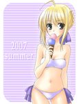  ahoge artoria_pendragon_(all) bikini blonde_hair border cowboy_shot dated double_scoop fate/stay_night fate_(series) food green_eyes ice_cream ice_cream_cone mika_mikan navel purple_background saber solo summer swimsuit white_border 