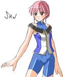  artist_request blue_bodysuit bodysuit brown_eyes contrapposto fighting_stance looking_to_the_side mai_kobayashi pink_hair shiny shiny_clothes short_hair simple_background skin_tight solo standing super_robot_wars white_background 