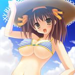  bikini breasts brown_eyes brown_hair covered_nipples day hairband hat huge_breasts orange_hairband short_hair solo straw_hat striped striped_bikini sun_hat suzumiya_haruhi suzumiya_haruhi_no_yuuutsu swimsuit uehiro underboob 