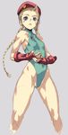  beret cammy_white fingerless_gloves gloves green_leotard hat kawata_hisashi leotard long_hair solo street_fighter 