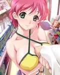  between_breasts blush breasts cleavage game_cg happoubi_jin iihara_nao large_breasts pink_hair resort_boin short_hair shorts smile solo 