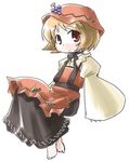  aki_minoriko apron artist_request barefoot black_ribbon black_skirt blonde_hair food fruit full_body grapes hat looking_at_viewer lowres red_eyes ribbon short_hair simple_background skirt sleeves_past_wrists solo touhou white_background wide_sleeves 