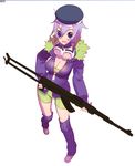  black_eyes breasts cleavage goggles goggles_around_neck gun hat large_breasts open_mouth original purple_hair rifle simple_background solo teeth tensugi_takashi weapon white_background 